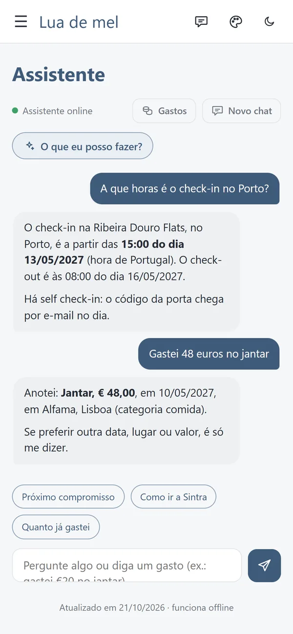 Assistente respondendo o horário do check-in e anotando um gasto.