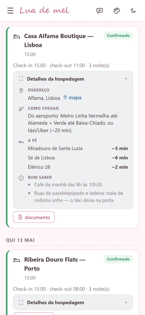 Card da hospedagem aberto: endereço, como chegar do aeroporto, tempo a pé até os pontos próximos e dicas.